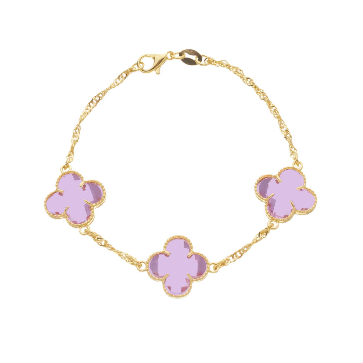 Pulseira Dourada Trevos Zircônia Rosa